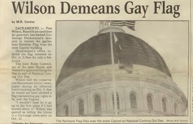 The October 18, 1990 issue of the Bay Area Reporter featured a photo of the Pride flag that flew briefly at the state Capitol on October 11 for National Coming Out Day. Photo: Bay Area Reporter archives