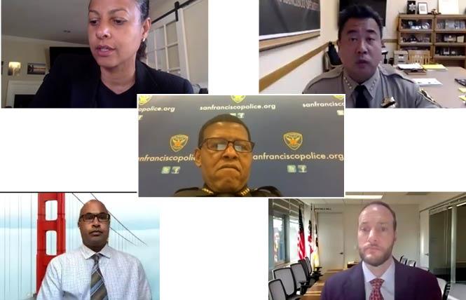 Clockwise from upper left: Niki Solis, Sheriff Paul Miyamoto, police Chief William Scott, District Attorney Chesa Boudin, and Public Defender Mano Raju appeared on a Zoom meeting Monday. Photo: Screengrab via Zoom
