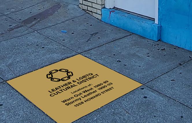 A rendering of one of the leather district plaques pays homage to the former locations of Worn Out West and Stormy Leather at 1558 Howard Street. Photo: Courtesy Leather & LGBTQ Cultural District
