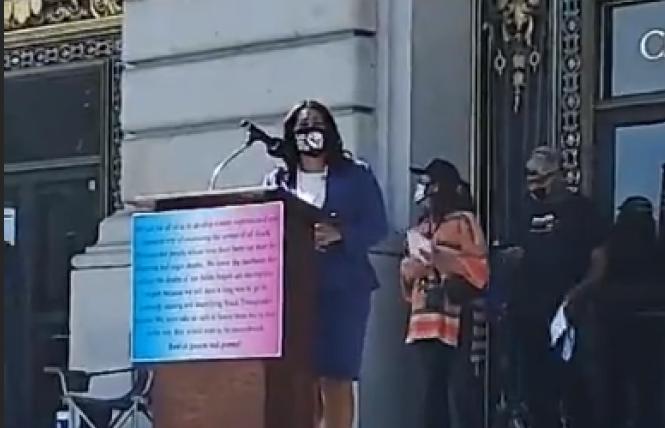 San Francisco Mayor London Breed spoke at a Black Trans Lives Matter event outside City Hall Friday, September 25. Photo: Screengrab via Instagram