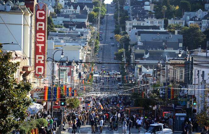 People gathered on Castro Street November 7 to celebrate the victory of Joe Biden and Kamala Harris as the country's incoming president and vice president. Photo: Rick Gerharter