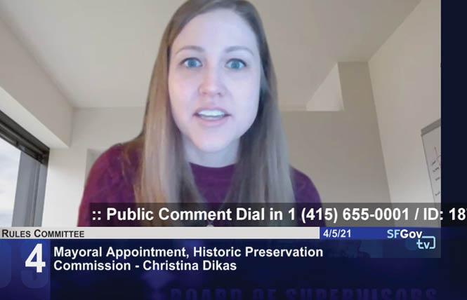 Historic Preservation Commission nominee Christina Dikas spoke at the April 5 rules committee meeting. Photo: Screengrab  