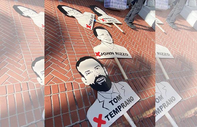 Protesters placed cutouts of Trustee Tom Temprano and other City College of San Francisco board members on the sidewalk during a demonstration Thursday evening. Photo: Courtesy CCSF Collective