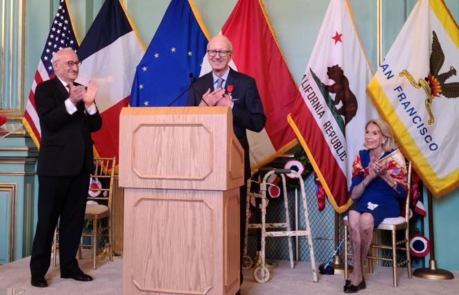 Thomas E. Horn, center, thanked French Ambassador to the United States Philippe Étienne, left, after receiving the Legion of Honor as San Francisco protocol chief Charlotte Mailliard Shultz looked on. Photo: Cynthia Laird