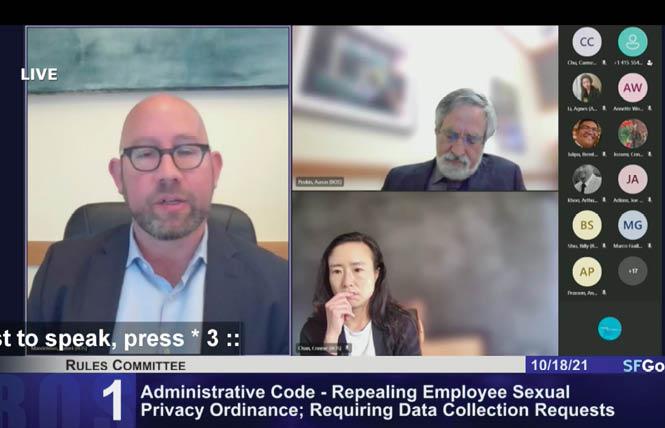 San Francisco Board of Supervisors rules committee members, clockwise from left, Rafael Mandelman, Aaron Peskin, and Connie Chan advanced a change to the administrative code to allow the city and county to collect sexual orientation and gender identity data on city employees and those who apply for jobs. Photo: Screengrab