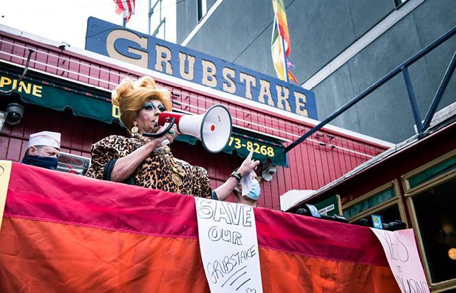 Drag artist Juanita MORE! spoke in support of Grubstake Diner at a September 27 rally. Photo: Christopher Robledo   