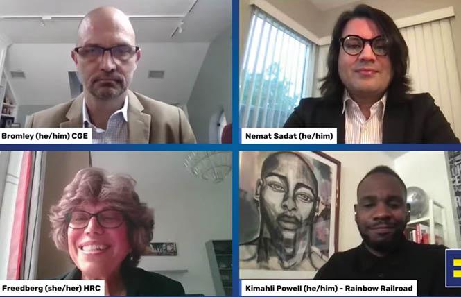 Clockwise from top left: panelists Mark Bromley, Nemat Sadat, Kimahli Powell, and moderator Jean Freedberg talk about LGBTQs in Afghanistan during a September 29 virtual conversation. Photo: Screengrab
