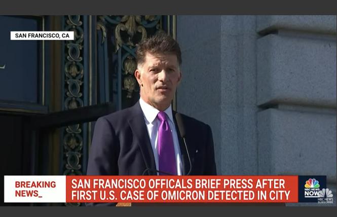 San Francisco Health Director Dr. Grant Colfax spoke at a Wednesday news conference about the Omicron COVID case detected in a San Francisco resident. Photo: Screengrab