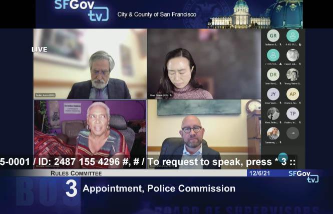 San Francisco Police Commission applicant Veronika Fimbres, lower left, spoke at the Board of Supervisors Rules Committee meeting that was made up of Chair Aaron Peskin, top left, and Supervisors Connie Chan and Rafael Mandelman. Photo: Screenshot