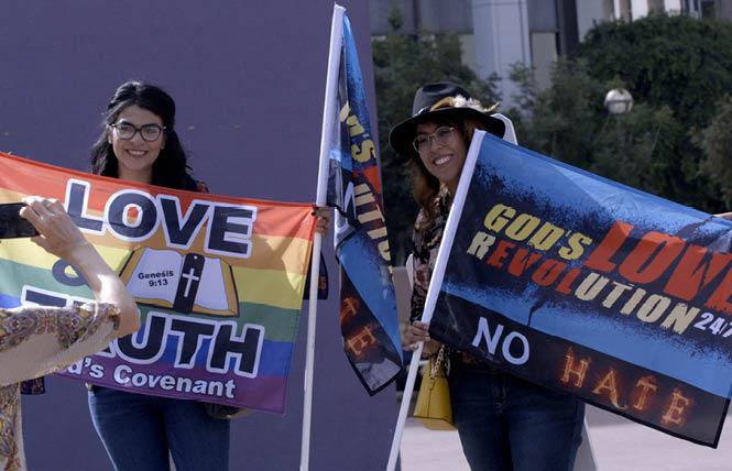 Freedom March, a current ex-gay group, co-opts queer imagery and holds rallies against conversion therapy bans. Photo: Still from "Pray Away," courtesy of Multitude Films/Netflix