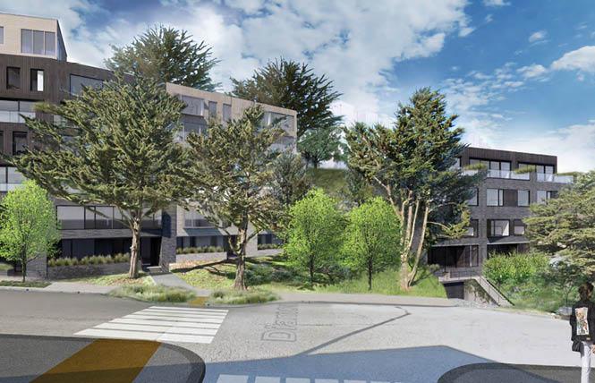 This updated rendering shows the units set back farther to preserve 10 Monterey cypress trees such as those shown near the crosswalk. Photo: Courtesy On Diamond LLC