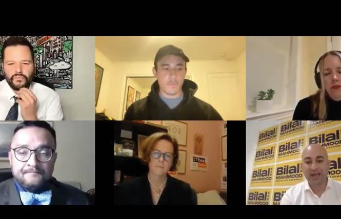 Clockwise from top left: Assembly candidate Matt Haney, an unidentified person who was keeping time, moderator Heather Knight, and candidates Bilal Mahmood, Thea Selby, and David Campos participated in a virtual forum January 12. Photo: Screengrab<br>