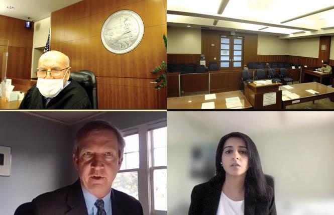 Deputy City Attorney Wayne Snodgrass, lower left, and plaintiffs' attorney Sara Hussain, lower right, argued their case before San Francisco County Superior Court Judge Richard Ulmer, top left, January 21. Photo: Screengrab