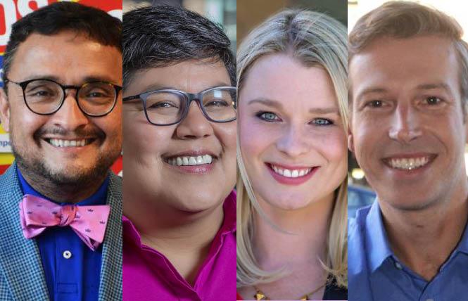 LGBTQ Assembly candidates David Campos, left, Georgette Gómez, and Christy Holstege have received new endorsements in their races as has congressional candidate Will Rollins, right. Photos: Campos, Rick Gerharter; Gómez and Holstege, courtesy the campaigns; Rollins, Rick Gerharter<br>