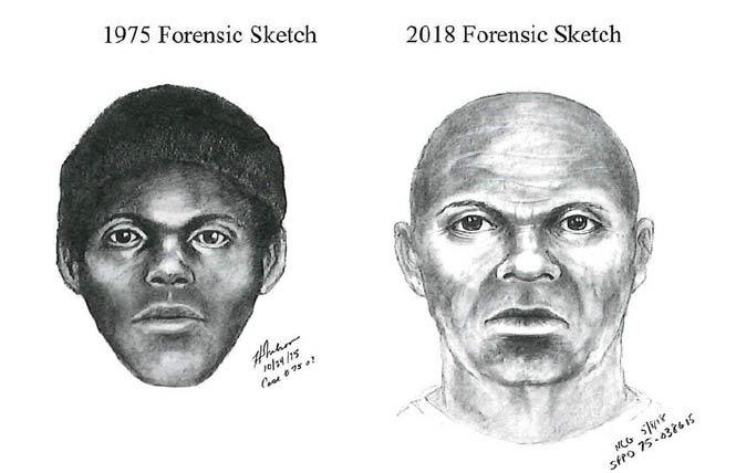 The original 1975 sketch of the "Doodler" suspect, left, was updated in 2018 using age progression to show what the man might look like today. Illustration: Courtesy SFPD  <br>