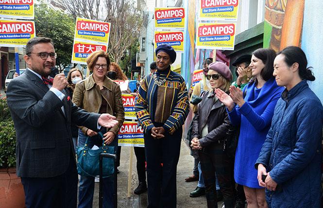David Campos, left, thanks five present and former women elected officials for their endorsement of his candidacy for the 17th Assembly District. They are from left: City College of San Francisco Trustee Thea Selby, former San Francisco Supervisor Sophie Maxwell, former state Senator Carole Migden, and San Francisco Supervisors Hillary Ronen and Connie Chan. Photo: Rick Gerharter