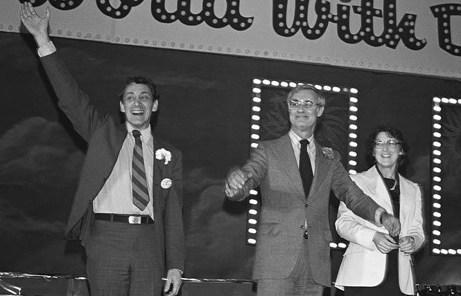 Supervisor Harvey Milk, left, joined then-Mayor George Moscone and then-Supervisor Carol Ruth Silver at the Empress Coronation on January 28, 1978. Photo: Dan Nicoletta