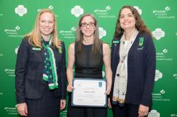 Girl Scouts of Eastern Massachusetts Chief Executive Officer Caitríona Taylor (left) and Board Chair and President Tricia Tilford (right) with volunteer Marcia Metz of Boston's South End at the GSEMA Volunteer Recognition Luncheon on May 4., 2019