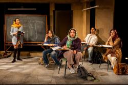 Deniz Khateri, Josephine Moshiri Elwood, Lily Gilan James, Zaven Ovian, and Leyla Modirzadeh in SpeakEasy Stage production of "English" (Courtesy Nile Scott Studios)