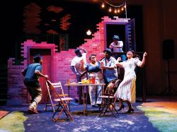 Omar Robinson, Johnnie Mack, Regine Vital, Dereks Thomas, Anthony T Goss, and Maya Carter in August Wilson's "Seven Guitars" at Actors' Shakespeare Project. (Courtesy Ken Yotsukura Photography)