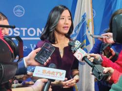 Boston Mayor Michelle Wu spoke to reporters after the 2024 State of the City. (Photo by Gintautas Dumcius)