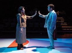 Stephanie Clayman as scientist Irene Pepperberg and Jon Vellante as the parrot Alex in "Beyond Words" at Central Square Theater. Photo courtesy of Maggie Hall.