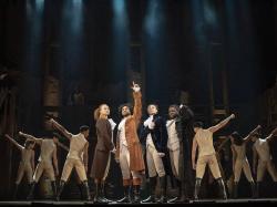 (Left to Right) Nathan Haydel, Tyler Fauntleroy, Jared Howelton, Elvie Ellis, and Company in the Hamilton National Tour. Photo by Joan Marcus.