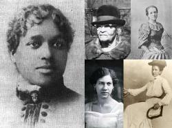 Clockwise from left: Maria Louise Baldwin, public domain photo. Melnea Cass, photo by Mayor's Office of Public Service, City of Boston. Louise Imogen Guiney, public domain photo. Harriet Boyd Hawes, photo by GalaticPanda. Meta Vaux Warrick Fuller, photo by Benjamin Griffith Brawley.  All photos via Wikimedia Commons.